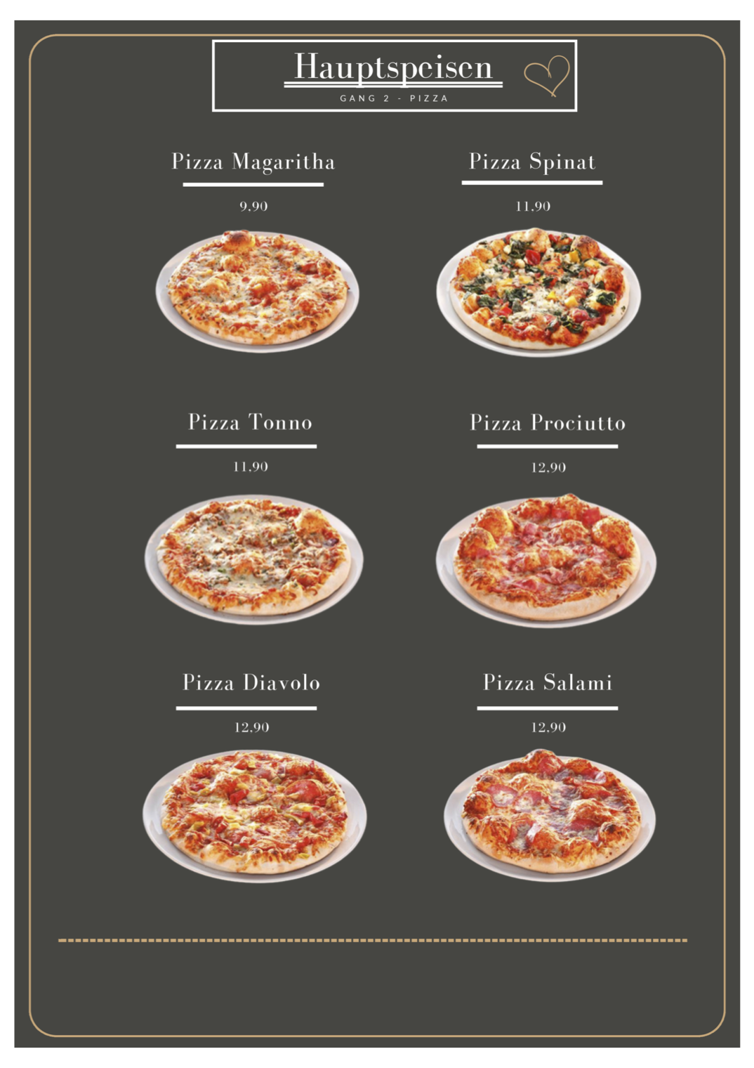 Speisekarte Hauptspeisen Pizza